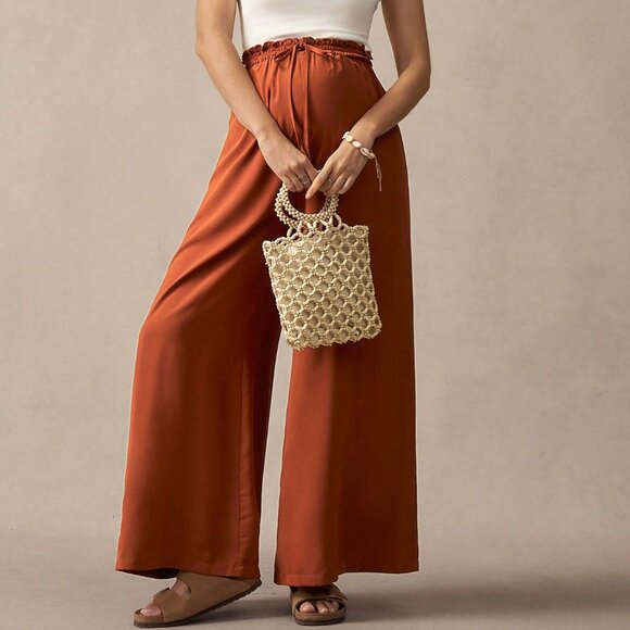 Maternity Rust Brown Casual Women's High Waist Wide Leg Pants - Picture 4 of 7
